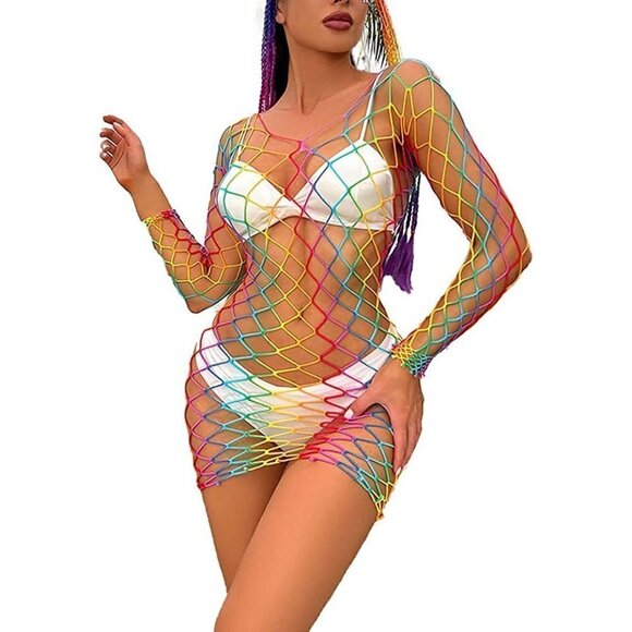 𝅺🌈 Rainbow Fishnet Stockings Mesh Lingerie Bodysuit BDSM Bondage Cosplay NWT - Picture 2 of 6